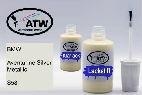 BMW, Aventurine Silver Metallic, S58: 20ml Lackstift + 20ml Klarlack - Set, von ATW Autoteile West.